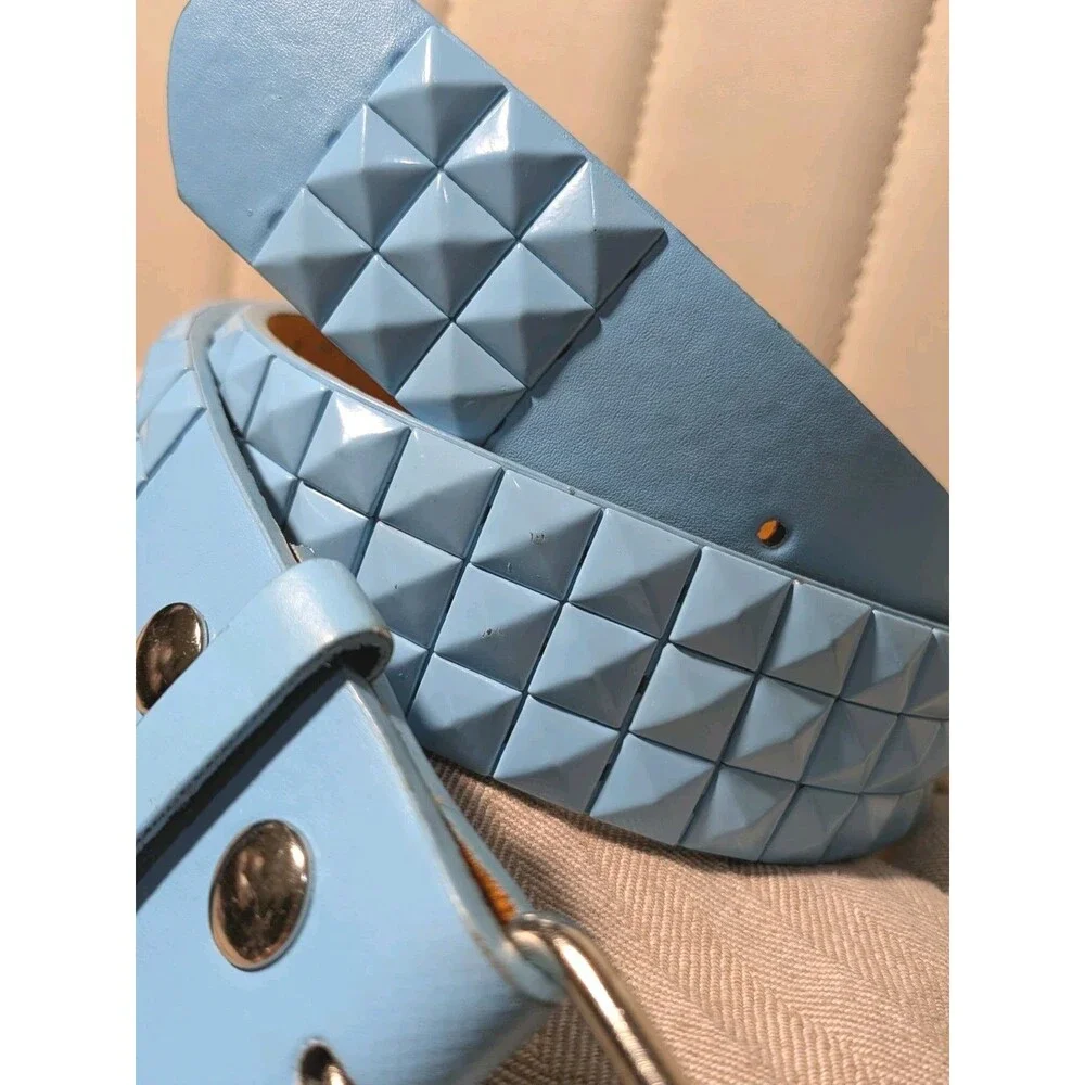 Snap Punk Rock Star Skate Pyramid Studded Checker Board Leather Light Blue Belt